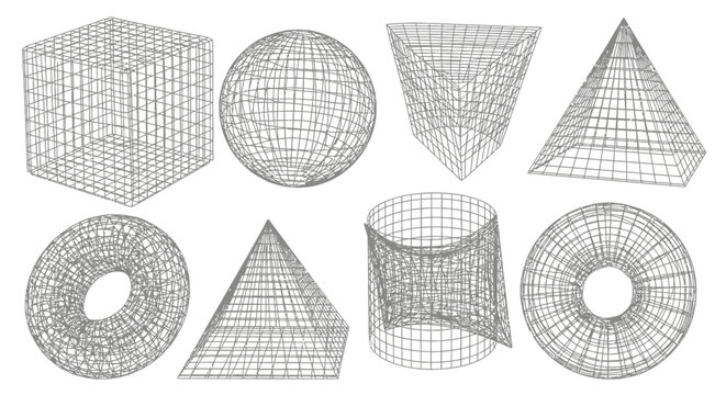 Wireframe 3D Geometric Shapes Set - Cube Sphere Cone Pyramid Torus