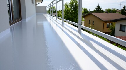 Naklejka premium Ein breiter, weißer Balkon mit glänzendem Epoxidharzboden und Geländer an einem Wohngebäude.