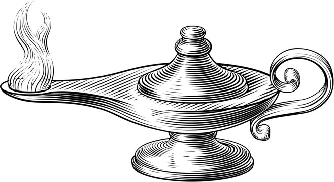 An oil lamp or antique magic lamp illustration in a vintage woodcut engraved etching style. Symbol for nursing, healthcare or learning, wisdom and knowledge.