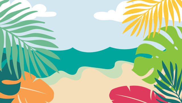 Cartoon vector illustration of a tropical beach landscape featuring a sunny island