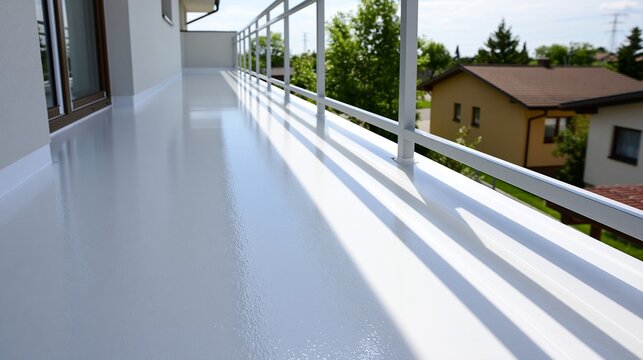Ein breiter, wei&szlig;er Balkon mit gl&auml;nzendem Epoxidharzboden und Gel&auml;nder an einem Wohngeb&auml;ude.