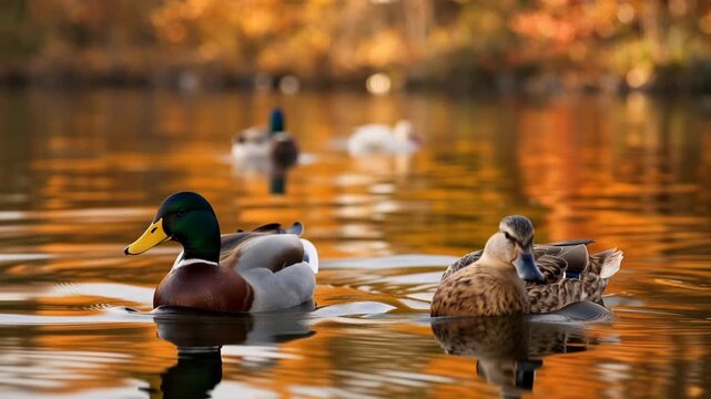 Beautiful male and female mallard ducks swimming together in a tranquil pond with golden autumn foliage reflecting on the water surface, creating a peaceful and serene natural scene