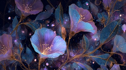 Naklejka premium Enchanted Floral Cosmos: Glowing Flowers with Golden Vines in a Mystical Night Sky — Fantasy Background for Creative Projects