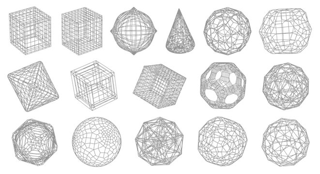 Wireframe Geometric Shapes Collection, 3D Rendered Abstract Forms