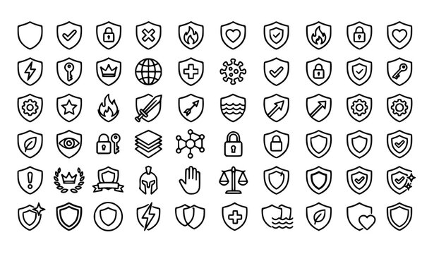 Shield and protection vector icon set &ndash; 42 thin line outline icons for security, safety, and protection UI