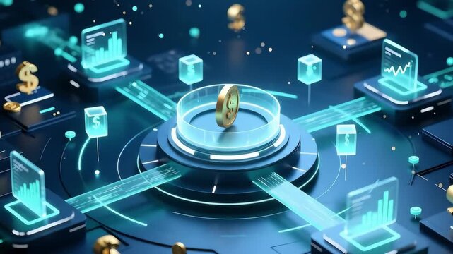 Centralized financial data flow in dark futuristic digital economy ecosystem illustrating smart fintech nodes and global investment network connections