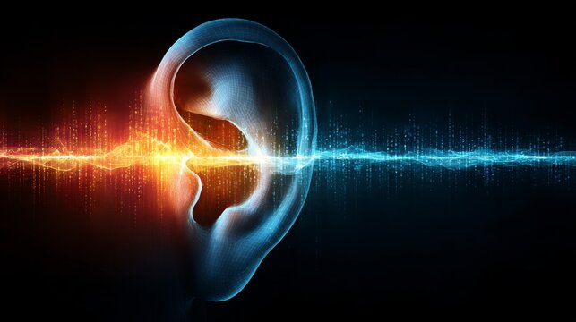 Human Ear Receiving Sound Waves: Vibrant Visualization of Audio Signal &mdash; Ideal for Audio, Hearing, and Communication Themes