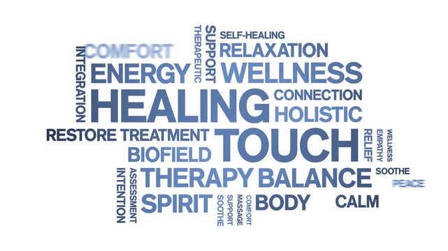 Healing Touch animated word cloud-text design animation tag kinetic typography seamless loop.