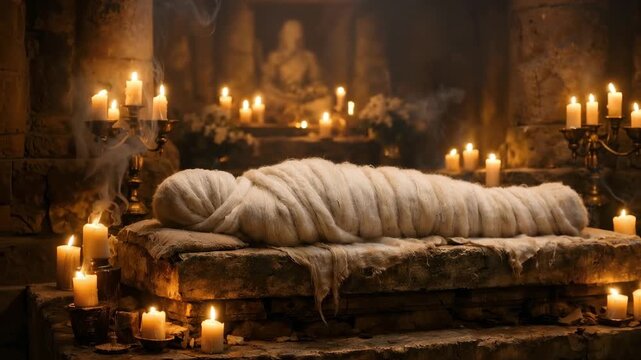 Ancient mummified figure lying on a stone altar in a dark tomb surrounded by glowing candles and rising smoke, evoking a sense of mysterious ritual, death, and ancient history
