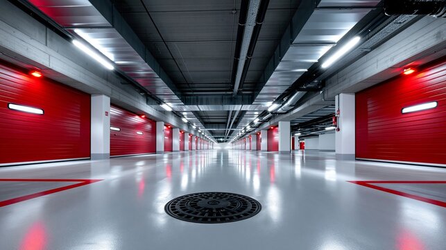 Ein modernes Tiefgaragenparkhaus mit roten Tore, schwarzer Decke und gl&auml;nzendem wei&szlig;em Boden.