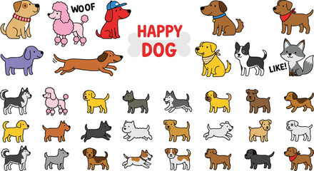 Large Happy Dog Breed Icon Set with Poodle, Husky, Dachshund, and Terrier for Pet Shop Branding, Puppy Training Apps, Animal Shelter Websites, and Children's Sticker Designs. © Ismail