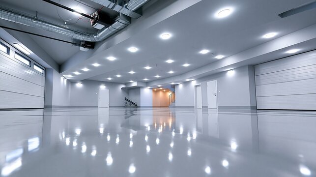 Eine leere, moderne Lagerhalle mit gl&auml;nzendem wei&szlig;em Epoxidharz-Boden und heller LED-Deckenbeleuchtung.