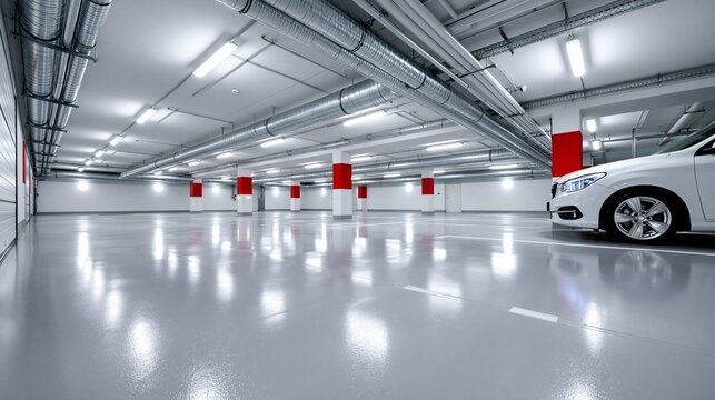 Eine helle, moderne Tiefgarage mit wei&szlig;em Epoxidharz-Boden, roten S&auml;ulen und einem parkenden wei&szlig;en Auto.