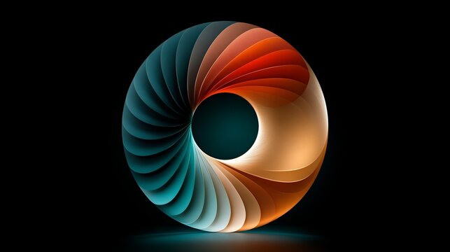 Abstraktes dreidimensionales Logo in Form einer spiralf&ouml;rmigen Kugel mit blau-orangefarbenem Farbverlauf auf schwarzem Hintergrund.