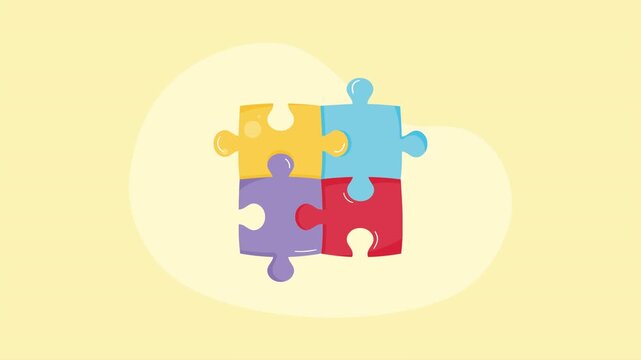 Four colorful puzzle pieces assemble into a completed square shape on a pastel background.