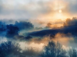 Obraz premium A serene landscape showcases a misty valley bathed in the golden light of a rising sun, creating a tranquil and ethereal atmosphere.