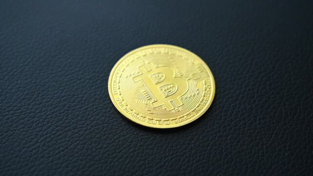 Golden bitcoin coin on dark textured surface shows cryptocurrency logo