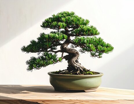 Meticulously sculpted, aged pine bonsai rests in a celadon pot on a wooden surface