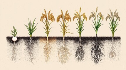 Fototapeta premium Rice Plant Growth Stages: Detailed Illustration of Root Development from Seed to Harvest