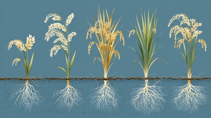 Obraz premium Rice Plant Growth Stages: Detailed Illustration of Root Development from Seed to Harvest