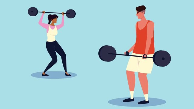 Athletic couple training with heavy weights and barbells animation for fitness and bodybuilding lifestyle.
