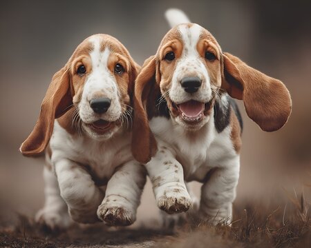 Two adorable basset hound puppies run joyfully through a grassy field with their ears flapping in the wind while having fun together outdoors.