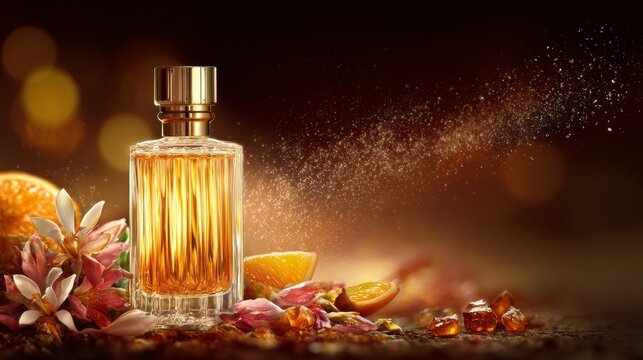 Exquisite perfume bottle amid floral and citrus accents: aromatic essence captured in motion &mdash; luxury beauty product showcase