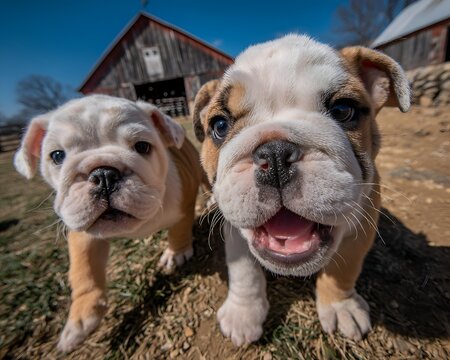 Two adorable English Bulldog puppies curiously explore a farm field with a rustic barn in the background on a beautiful sunny day in sp.