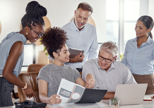 People, meeting and reading with folder in office for real estate, property sales and finance report. Smile, team and laptop with paperwork for financial review, annual performance and auction price