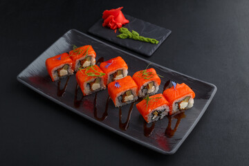 Sophisticated Japanese Seafood Display. Artistic Presentation Of Salmon Sushi With Soy Glaze And Garnishes © makedonski2015
