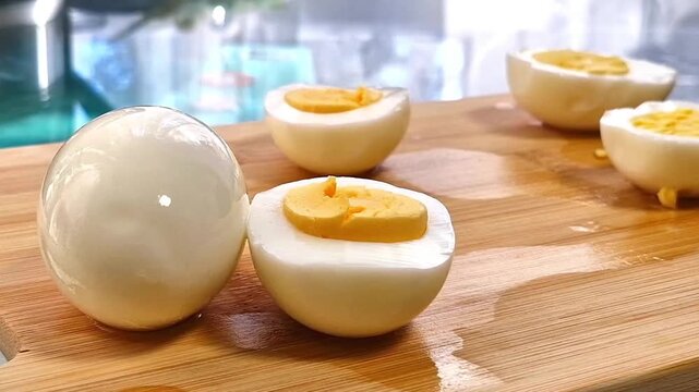 Perfectly peeled boiled eggs with smooth white surface and bright yellow yolk halves resting on wooden cutting board