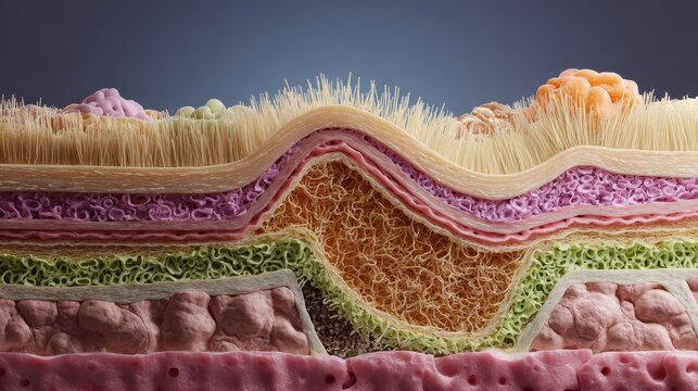  Cross-section of human skin &mdash; detailed microscopic view of epidermis, dermis, and subcutaneous layers with hair follicles and tissue structures
