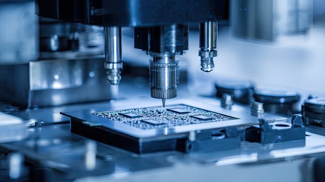 Industrial robot arm assembling microchips and circuit boards with precise, high tech automation in a futuristic factory, highlighting advanced electronics manufacturing and engineering