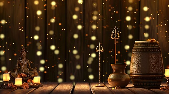 Warmly Lit Rustic Indoor Shrine Scene with Brass Diya, Trishula, Candles and Wooden Floor