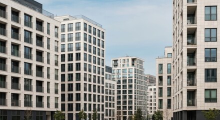 Naklejka premium Modern apartment buildings with a clean design, set against a cloudy sky