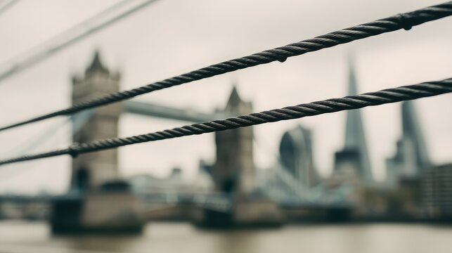 Steel ropes in foreground with shallow depth of field, framing historical bridge and modern buildings of a prominent metropolitan skyline on a cloudy day