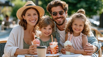 Obraz premium National Frozen Yogurt Day:young family of three mother, father and little girl sitting at an outdoor cafe table on a sunny summer day, each holding colorful frozen yogurt cups and smiling
