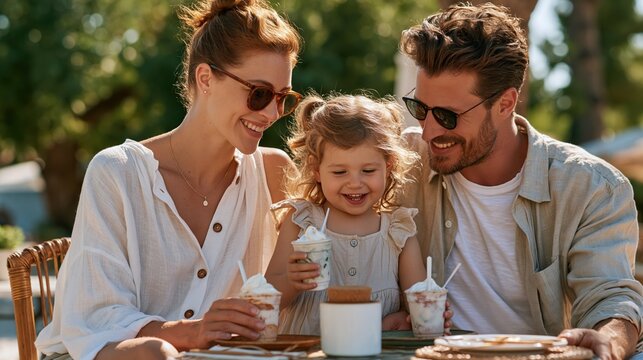 National Frozen Yogurt Day:young family of three mother, father and little girl sitting at an outdoor cafe table on a sunny summer day, each holding colorful frozen yogurt cups and smiling