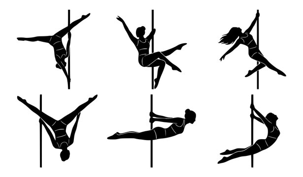 Artistic pole fitness dancers silhouette vector set with aerial acrobatic movements