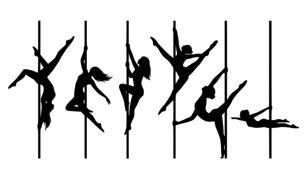 Female pole dance silhouette collection with acrobatic fitness poses vector illustration set
