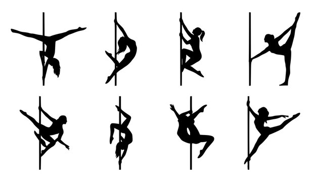 Pole sport female dancers silhouette pack with dynamic acrobatic poses vector collection