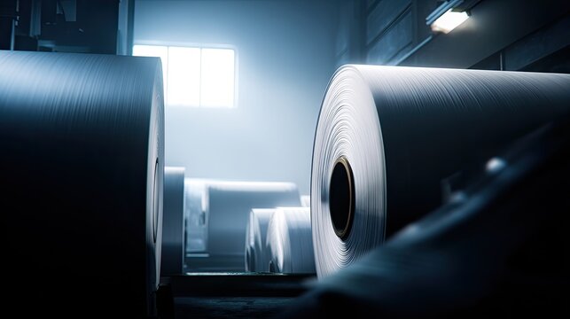 Paper rolls storing in a factory warehouse, highlighting industrial manufacturing and mass production processes, representing efficiency and logistics in the printing and packaging industry