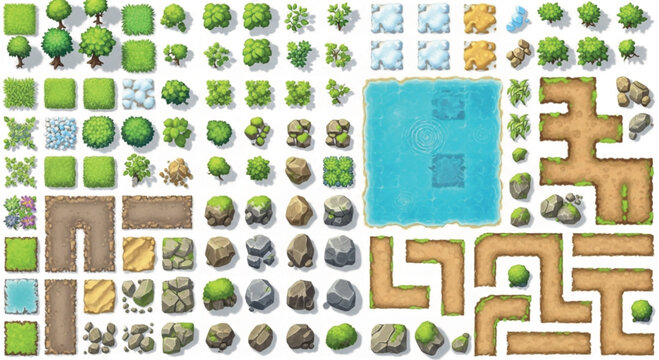 Top-down game map tileset, cartoon nature environment assets for level design, green forest trees and dirt path vector collection