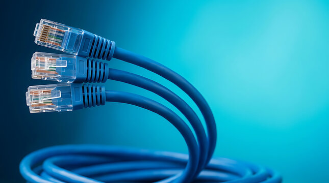Three blue ethernet cables with rj45 connectors on a gradient blue background, networking, internet, communication