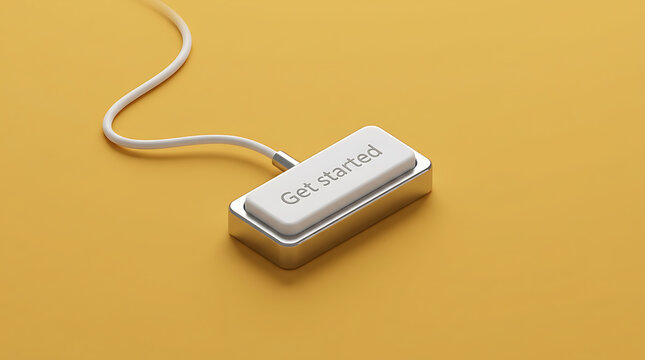 Get started button with cord on yellow background, technology concept