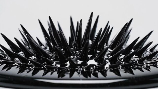 A detailed video showcases sharp black spikes on a shiny surface in a studio.