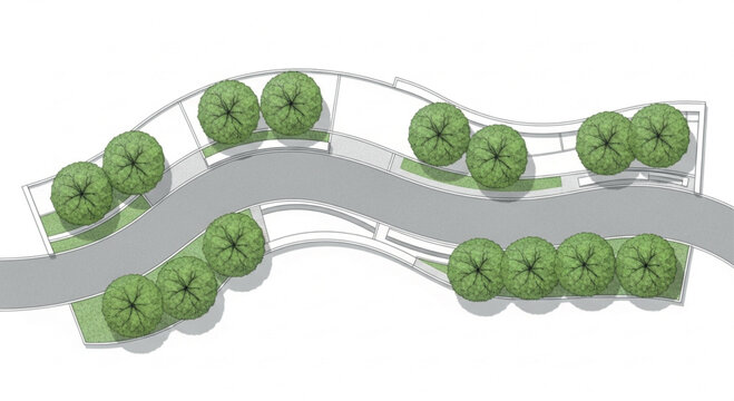 Top view landscape architecture plan, curved garden path with green trees vector, professional site masterplan for urban park design and residential landscaping
