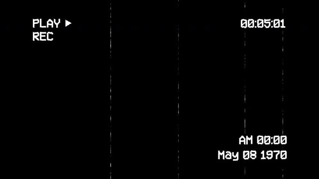 Retro vhs playing with play, rec, timecode, date and static lines effect. Vhs interface on black background. 