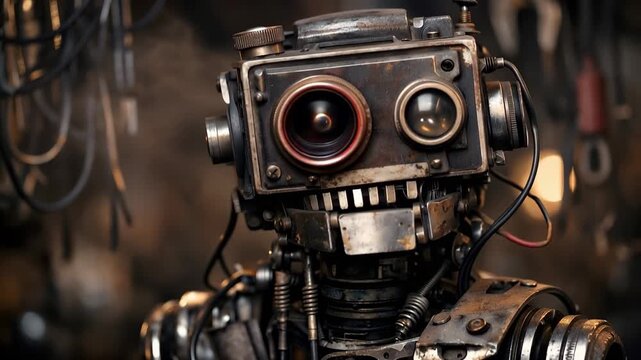 Complex steampunk robot looking around in a workshop with a glowing red optical sensor, showcasing detailed mechanical engineering, gears, and rusty metal components in a science fiction setting