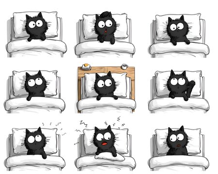 Illustration collection showing cute black cartoon cat character sleeping in bed in various poses and expressions on white bedding background.